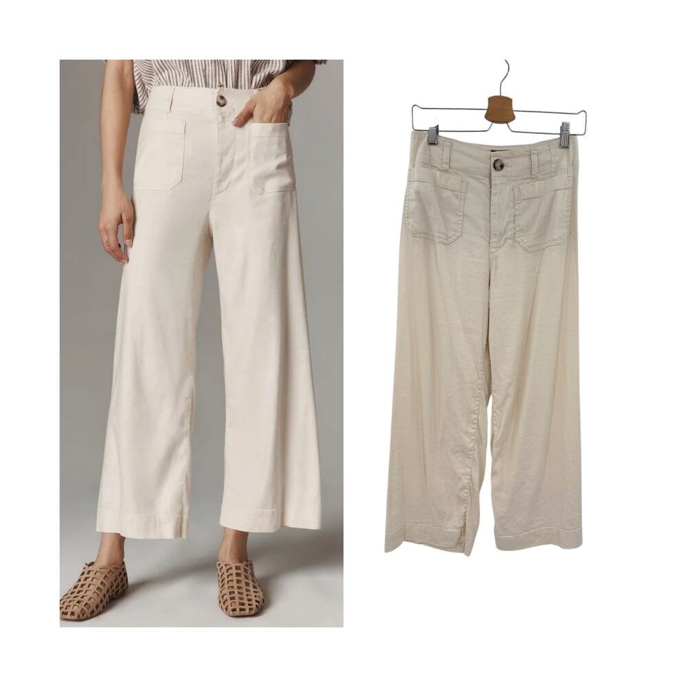 Anthropologie Maeve Colette Linen Wide Leg Cropped Pants Ivory Cream Size 26